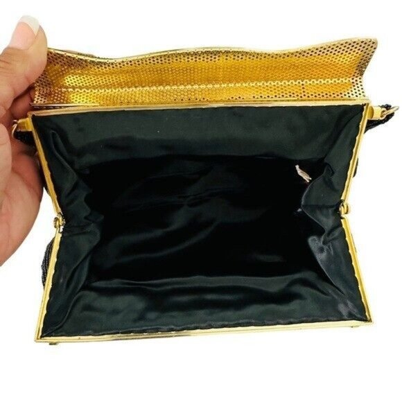Vintage Black Seed Bead Evening Bag ~ Retro ART DECO Style Gold Frame JAPAN - Picture 8 of 9